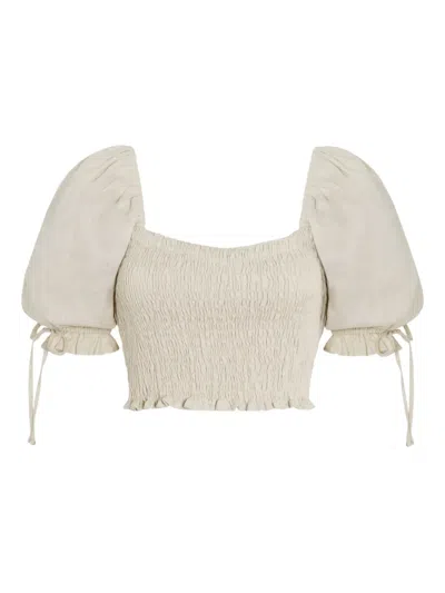 Faithfull The Brand Lisanza Smocked Puff-sleeve Top In Neutral