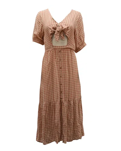Faithfull The Brand Maple Check-tie Front Midi Dress In Pastel Pink Rayon In Brown