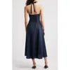 Faithfull The Brand Marais Halter Neck Linen Midi Dress In Navy