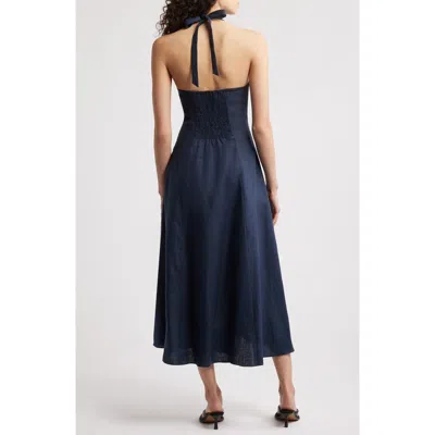Faithfull The Brand Marais Halter Neck Linen Midi Dress In Navy