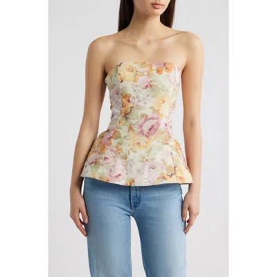 Faithfull The Brand Petro Floral Strapless Linen Peplum Top In Multi