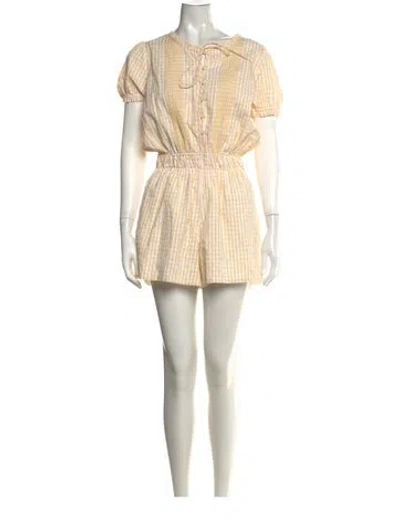 Pre-owned Faithfull The Brand Plaid Print Tie Neck Romper In Neutrals
