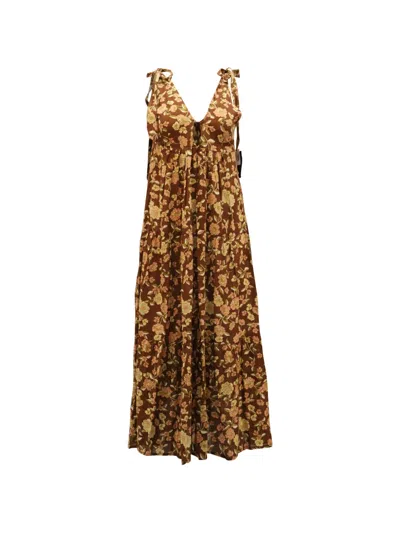 Pre-owned Faithfull The Brand Plunging Floral-print Midi Dress In Brown