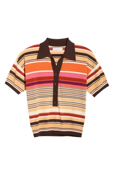 Faithfull The Brand Raya Chevron Pointelle Metallic-knit Polo Top In Multi