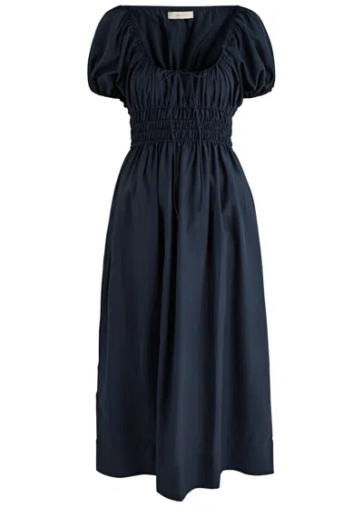 Faithfull The Brand Seine Silk And Cotton-blend Midi Dress In Navy