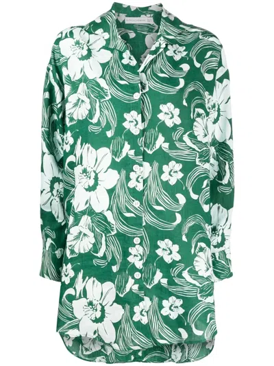 Faithfull The Brand Tortuga Floral-print Linen Mini Shirt Dress In Green