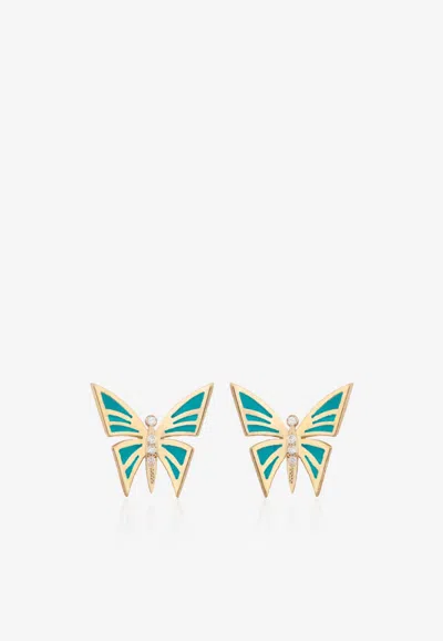 Falamank My Dream Is To Fly 18-karat Yellow Gold Stud Earrings With Diamonds In Blue