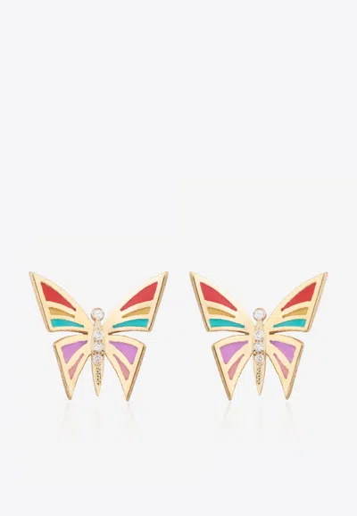 Falamank My Dream Is To Fly 18-karat Yellow Gold Stud Earrings With Diamonds In Multicolor