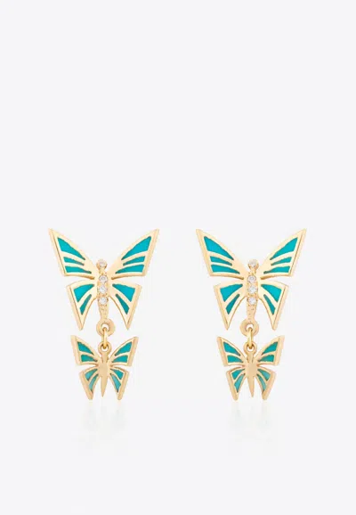 Falamank My Dream Is To Fly Dangle Earrings In 18-karat Yellow Gold With Diamonds In Blue