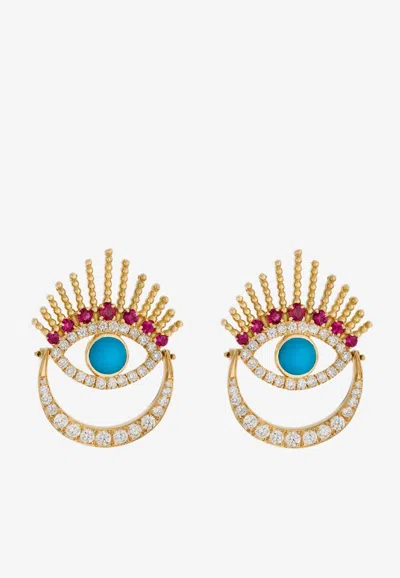 Falamank Written In The Stars Collection Evil Eye Diamond Ruby Earrings In 18-karat Yellow Gold
