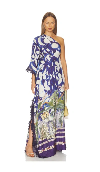 Falguni Shane Peacock Chateau Cheetah Print Kaftan With Lace Trim In Blue