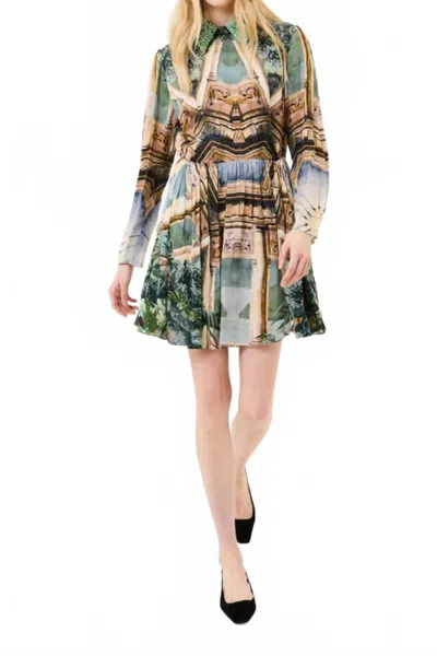 Falguni Shane Peacock Collared Long Sleeve Mini Dress In Palm And Prism In Multi