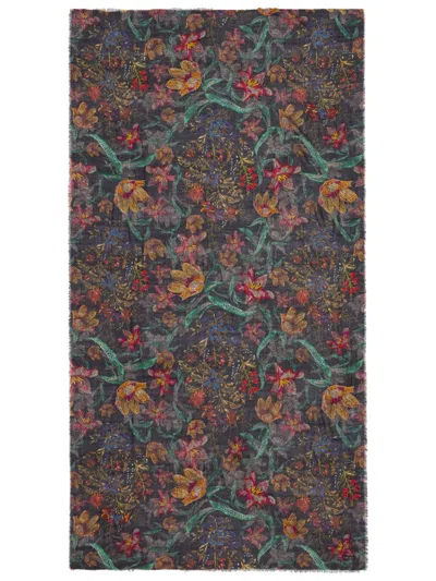 Faliero Sarti Black Flowers Wool Stole With Floral Design In Multi