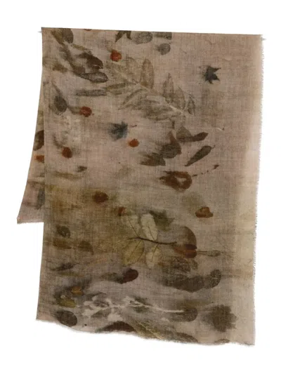 Faliero Sarti Leaf-print Frayed Scarf In Brown