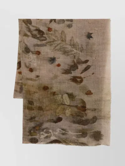 Faliero Sarti Lightweight Wool Cashmere Scarf With Leaf Print In Brown