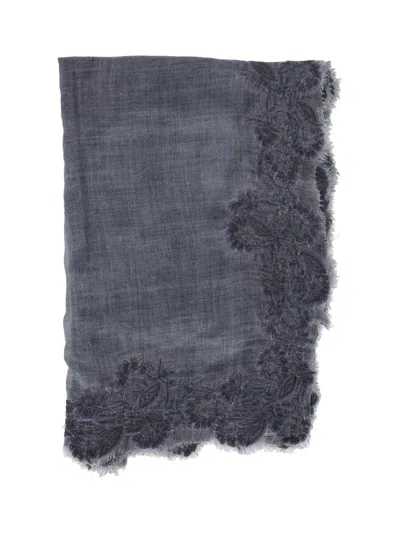 Faliero Sarti Rectangular Embroidered Scarf With Frayed Edges In Gray
