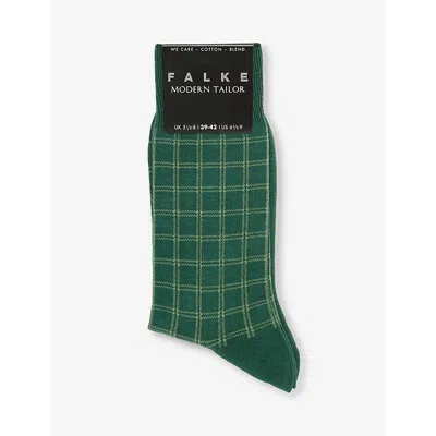 Falke Mens Hunter Green Modern Tailor Check-pattern Cotton-blend Socks