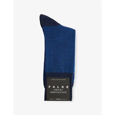 Falke Mens Space Blue Airport Herringstripe Wool And Cotton-blend Socks