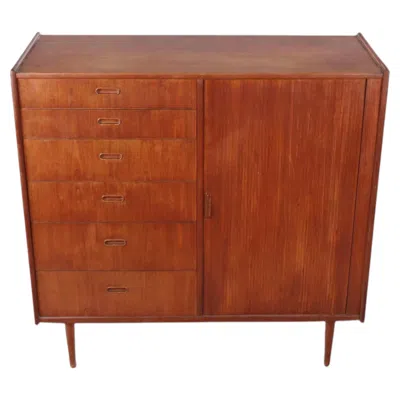 Pre-owned Falster Møbelfabrik Mid Century Danish Modern Tall Wide Teak Dresser By Falster With Tambour Door In Brown