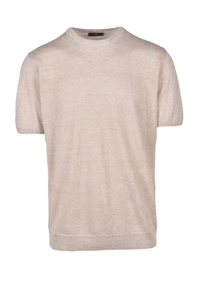 Fama Beige Linen Cotton Crew Knit Top In Yellow