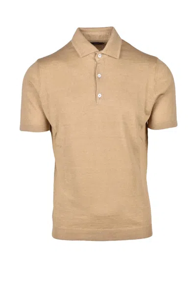 Fama Beige Linen Cotton Knit Polo In Brown