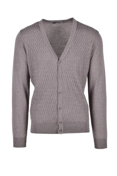Fama Beige Merino Wool Cardigan In Purple