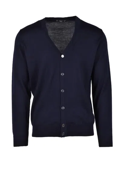 Fama Blue V-neck Merino Wool Cardigan In Black