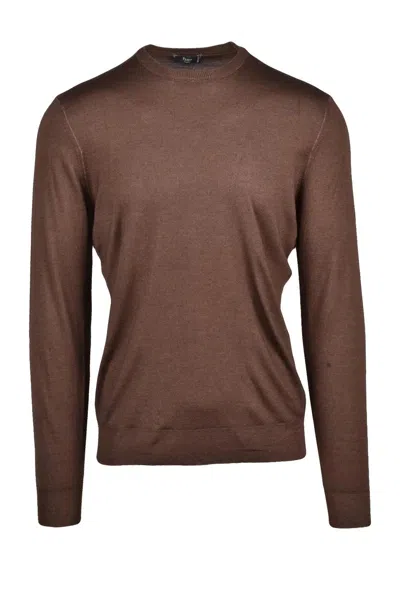 Fama Brown Crew Neck Wool Silk Men Jumper