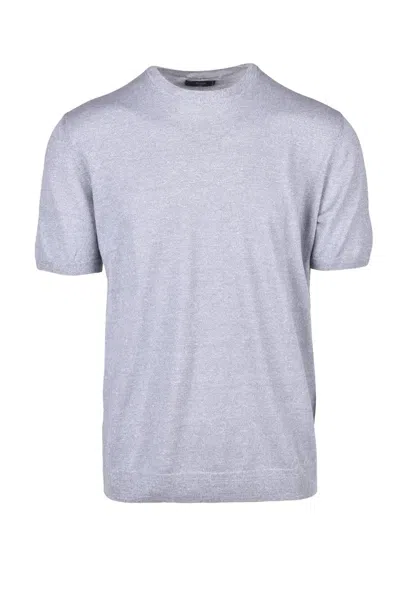 Fama Light Grey Linen Cotton Crew Knit Top In Gray