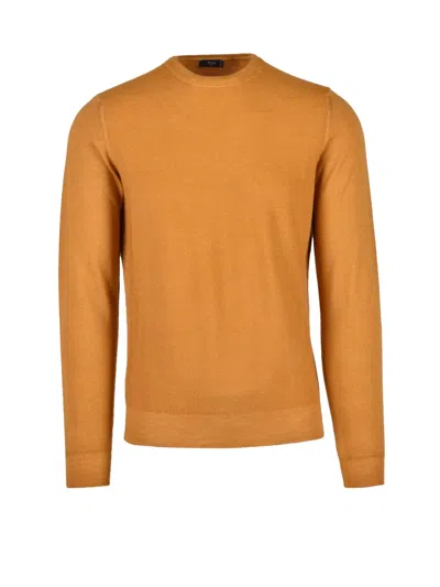 Fama Merino Wool Sweater With Classic Crew Neckline And Minimalist Design In Orange