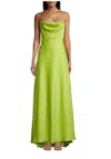 FAME AND PARTNERS EMERIE SATIN STRAPPY GOWN IN CHARMEUSE GREEN