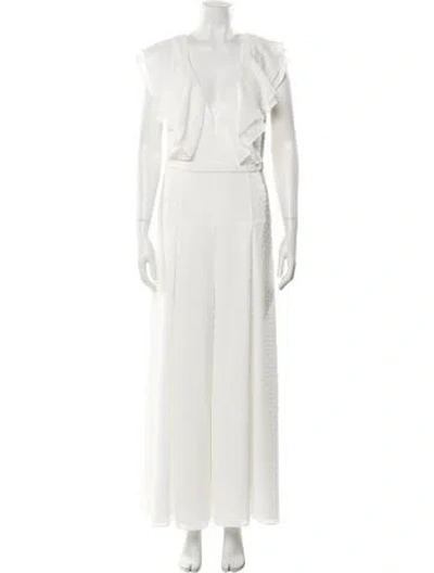 Pre-owned Fame & Partners Plunge Neckline Jumpsuit W/ Tags In White