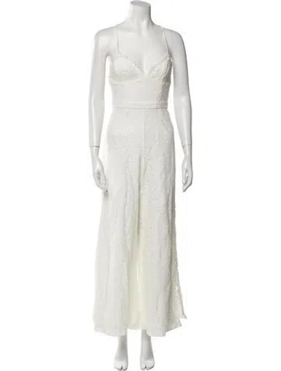 Pre-owned Fame & Partners Plunge Neckline Jumpsuit In White