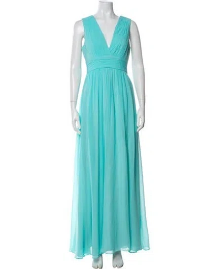 Pre-owned Fame & Partners Plunge Neckline Long Dress In Blue