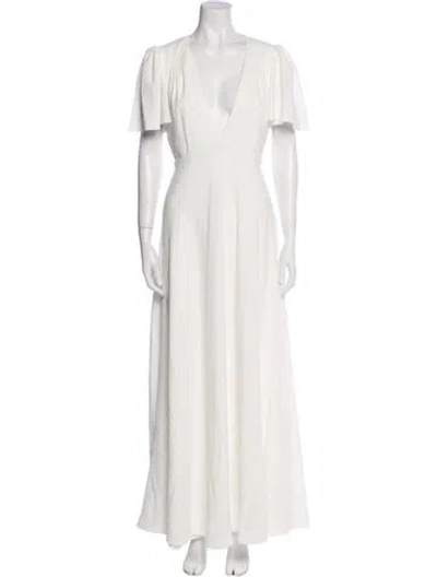 Pre-owned Fame & Partners Plunge Neckline Long Dress In White