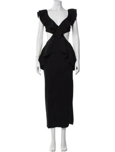 Pre-owned Fame & Partners V-neck Long Dress In Black