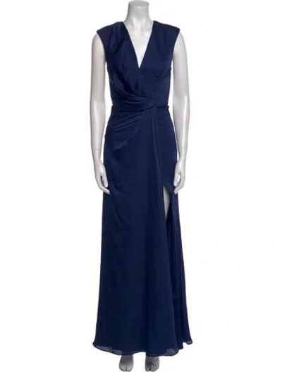Pre-owned Fame & Partners V-neck Long Dress In Blue