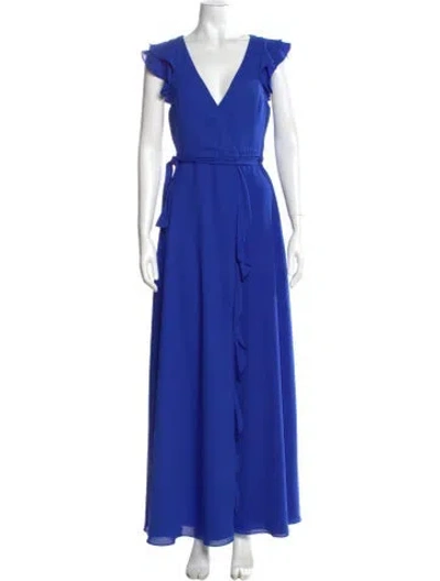 Pre-owned Fame & Partners V-neck Long Dress In Blue