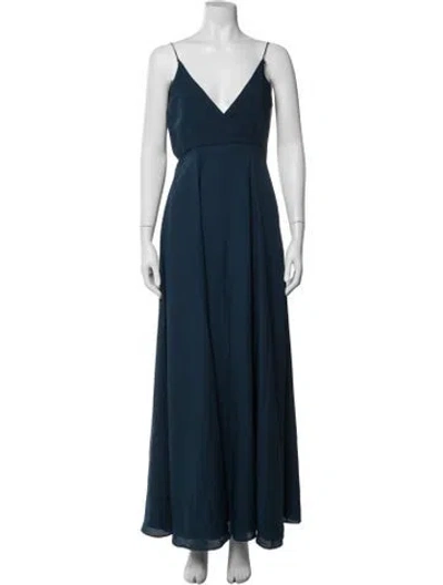 Pre-owned Fame & Partners V-neck Long Dress In Blue