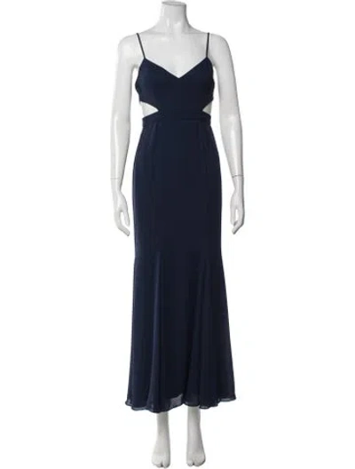 Pre-owned Fame & Partners V-neck Long Dress In Blue