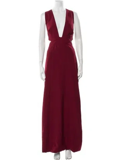 Pre-owned Fame & Partners V-neck Long Dress In Burgundy