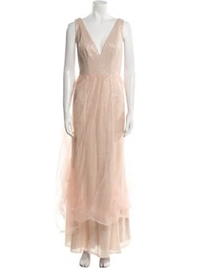 Pre-owned Fame & Partners V-neck Long Dress In Pink