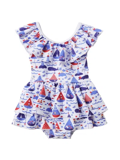 Familiar Kids' Boat-print Ruffled Swimsuit In White