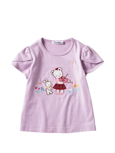 Familiar Kids' Embroidered Puff-sleeve T-shirt In Purple