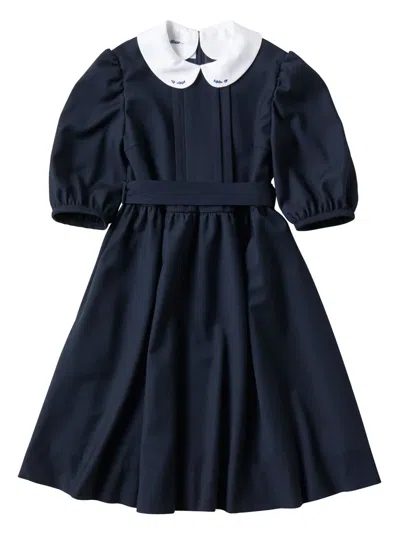 Familiar Kids' Floral-embroidered Belted Dress In Blue
