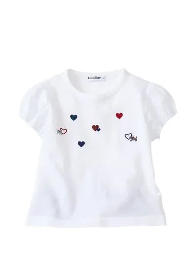 Familiar Kids' Heart-embroidered Puff-sleeve T-shirt In White
