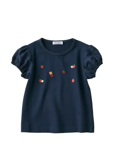 Familiar Kids' Strawberry-embroidered Puff-sleeve T-shirt In Blue