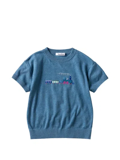 Familiar Kids' Train-embroidered Knitted Sweater In Blue