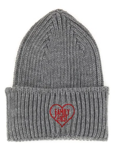 Family First Heart-motif Ribbed Beanie Hat In Gray