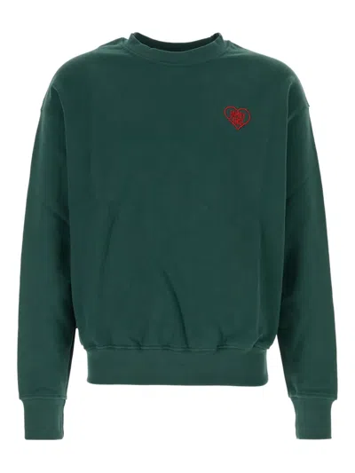 Family First Heart-embroidered Crew-neck Sweatshirt In Green